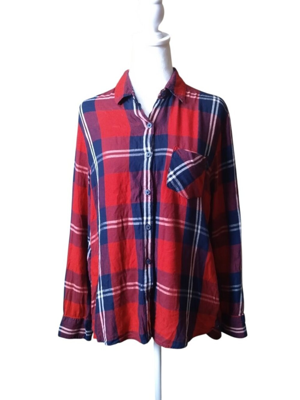 Woolrich Size Large Women's Red/Blue Plaid Button Front Shirt Roll Tab Sleeve